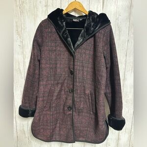 Ike Behar Burgundy Plaid Teddy Hooded Jacket Size L